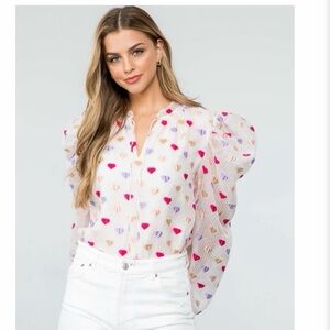 THML White Blouse with Multicolor Heart Design